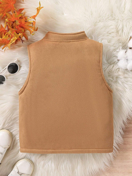 Young Boys Fashion Casual Thermal Lined Faux Leather Patch Decorated Stand Collar Zipper Vest-S