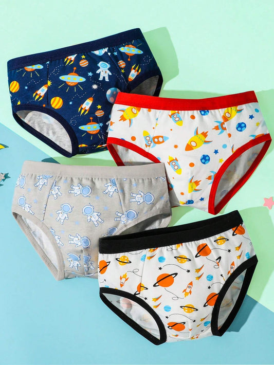 Young Boy 4pcs Cartoon Graphic Contrast Binding Brief Multicolor