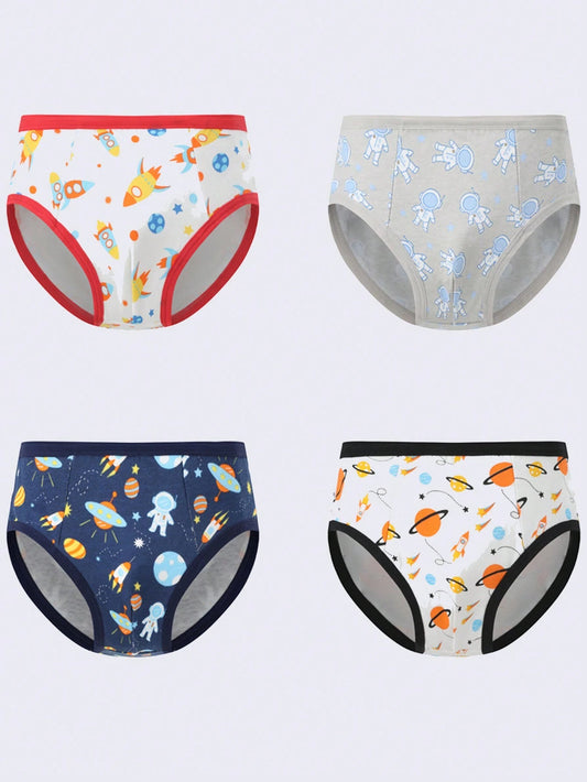 Young Boy 4pcs Cartoon Graphic Contrast Binding Brief Multicolor 3