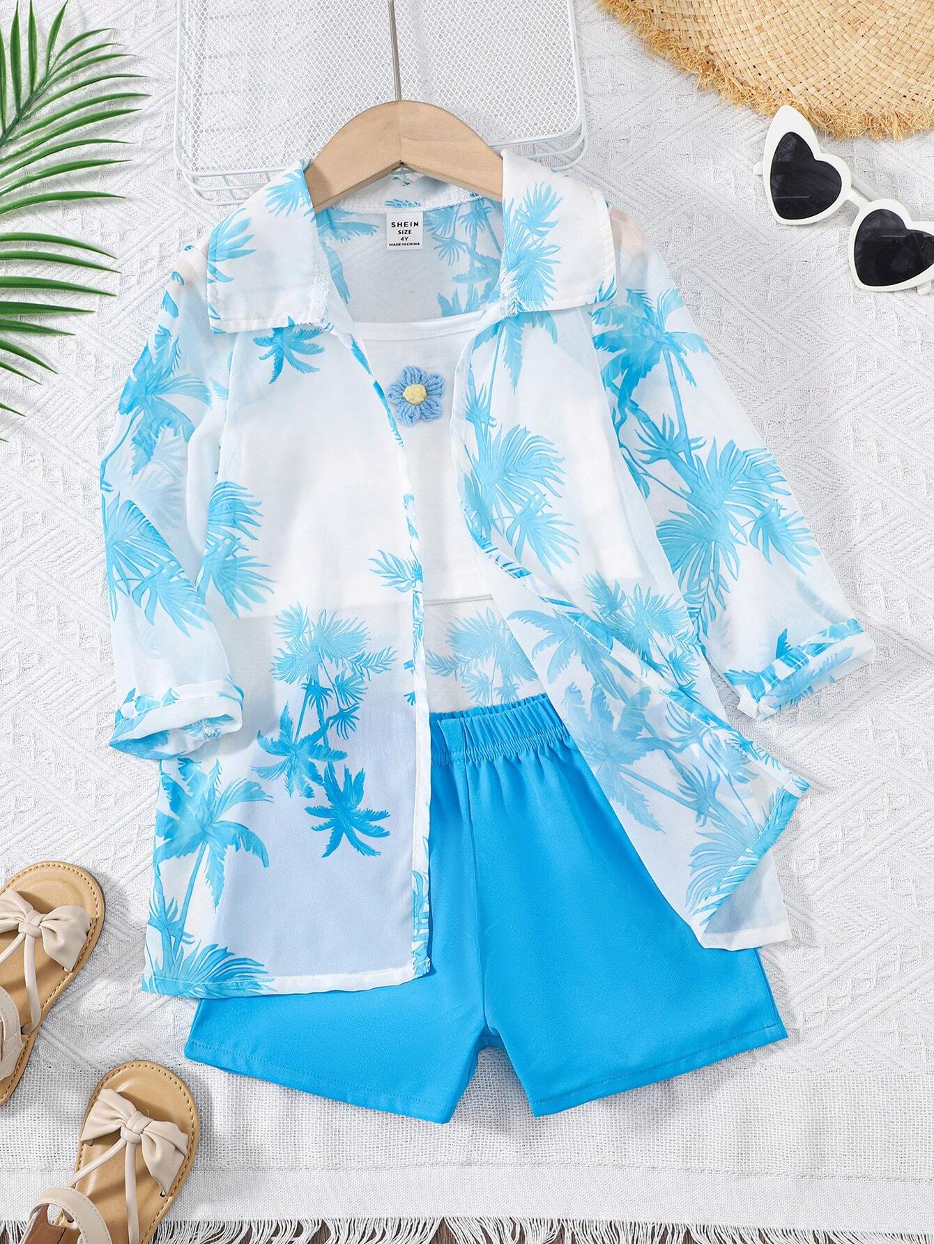Young Girl Floral Patched Cami Top & Shorts & Shirt Multicolor 2