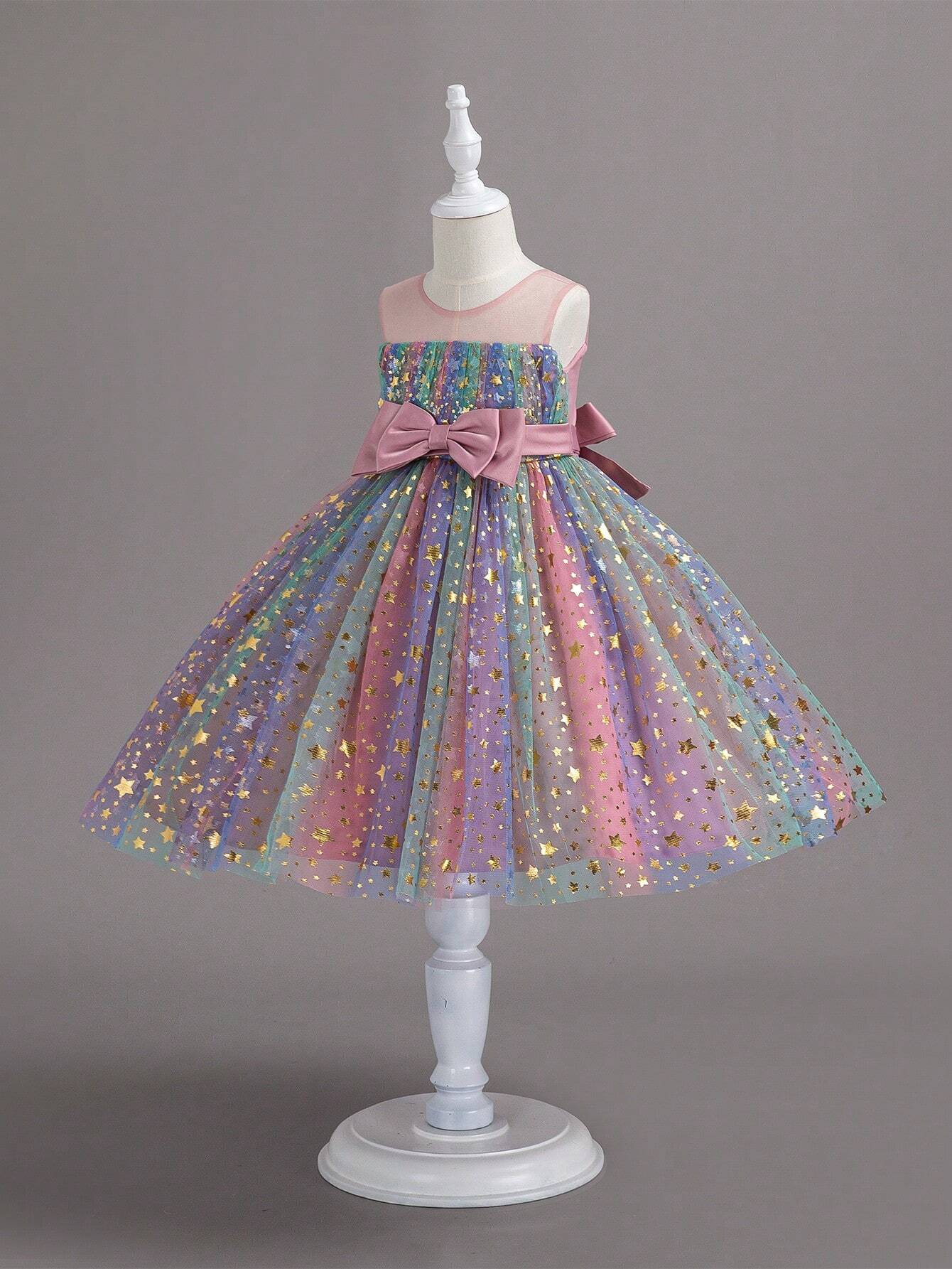 Young Girl Star Mesh Overlay Bow Front Party Dress