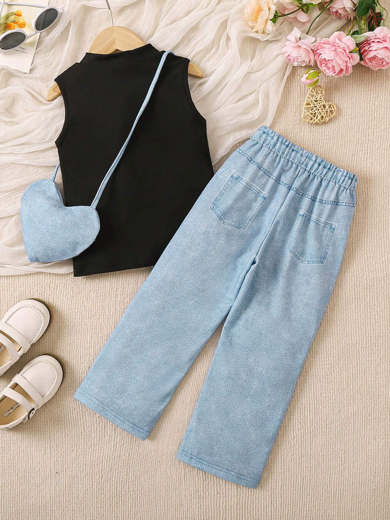 Young Girls' Sweet & Casual Fashionable Denim Style Printed Two Piece Outfit
