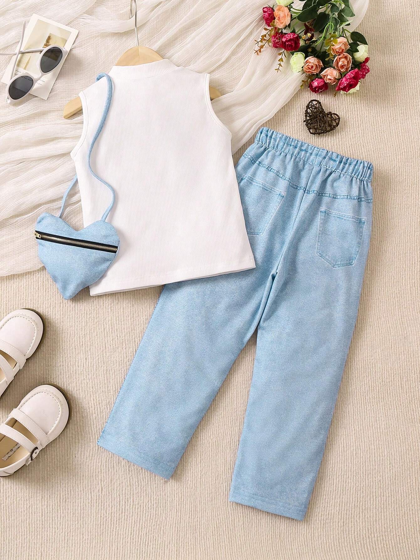 Young Girls' Sweet & Casual Fashionable Denim Style Printed Two Piece Outfit