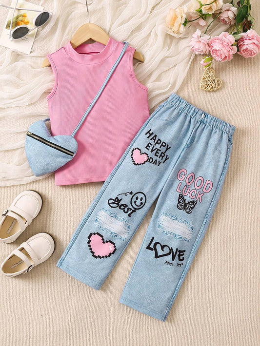 Young Girls' Sweet & Casual Fashionable Denim Style Printed Two Piece Outfit Multicolor