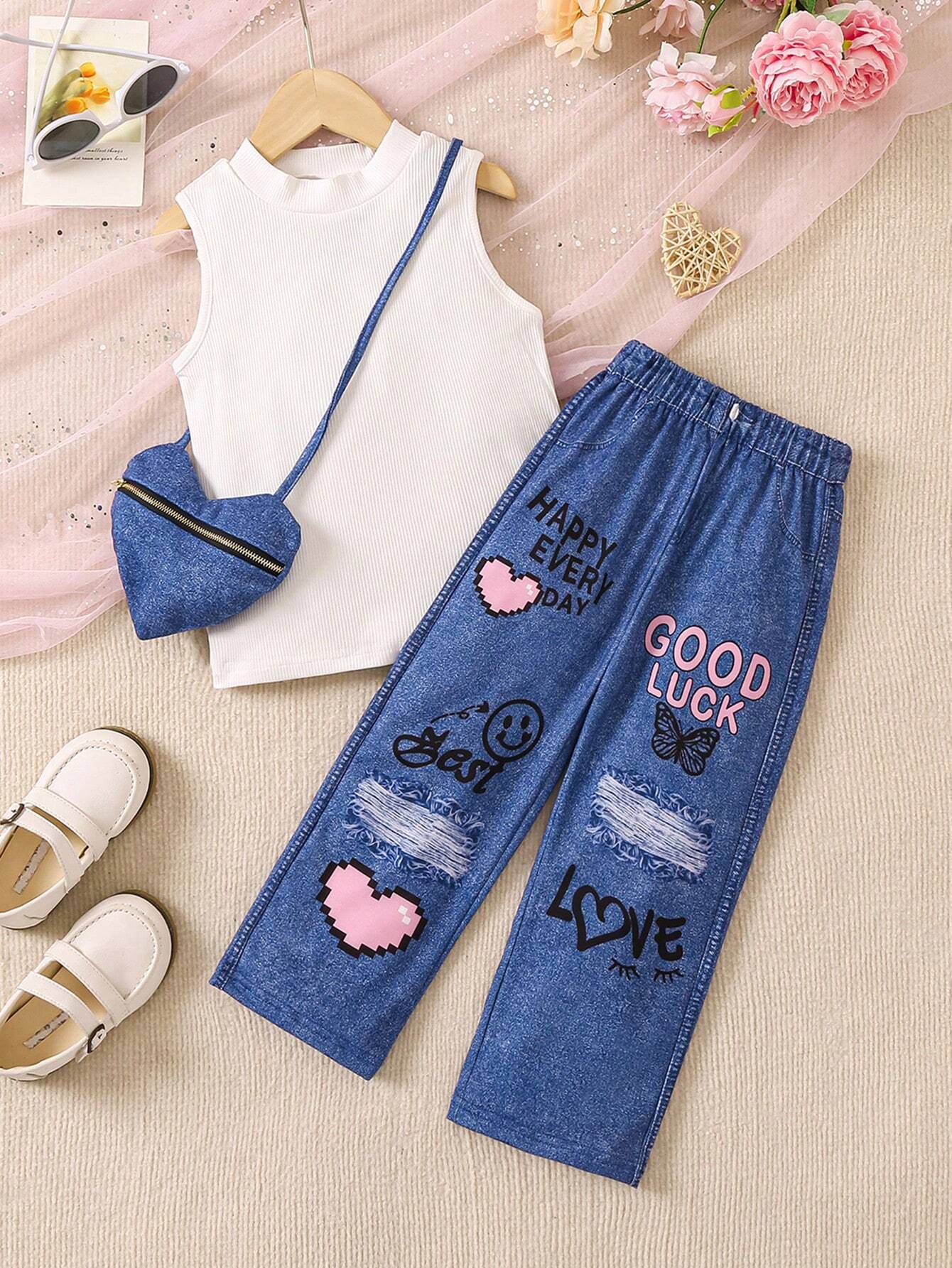 Young Girls' Sweet & Casual Fashionable Denim Style Printed Two Piece Outfit Blue