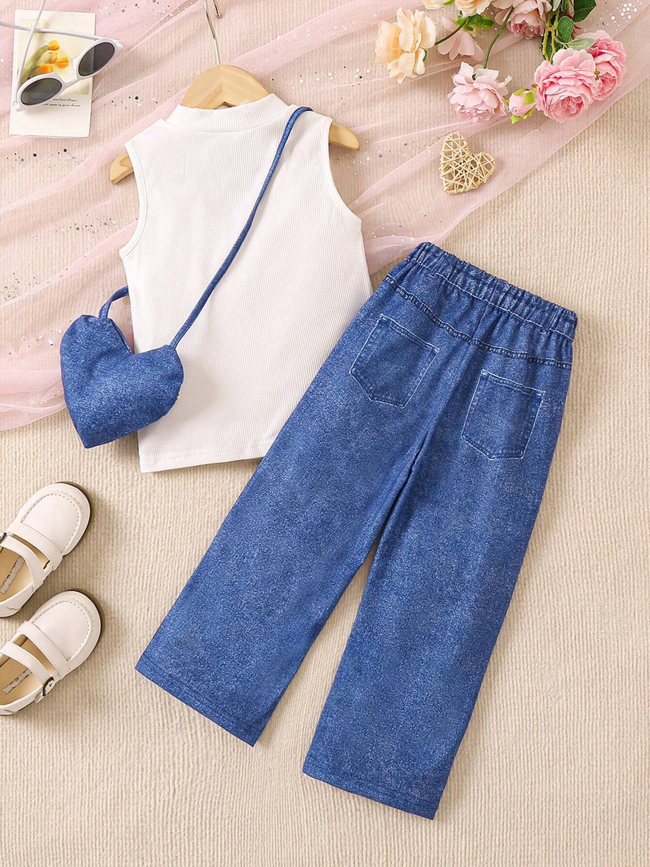 Young Girls' Sweet & Casual Fashionable Denim Style Printed Two Piece Outfit