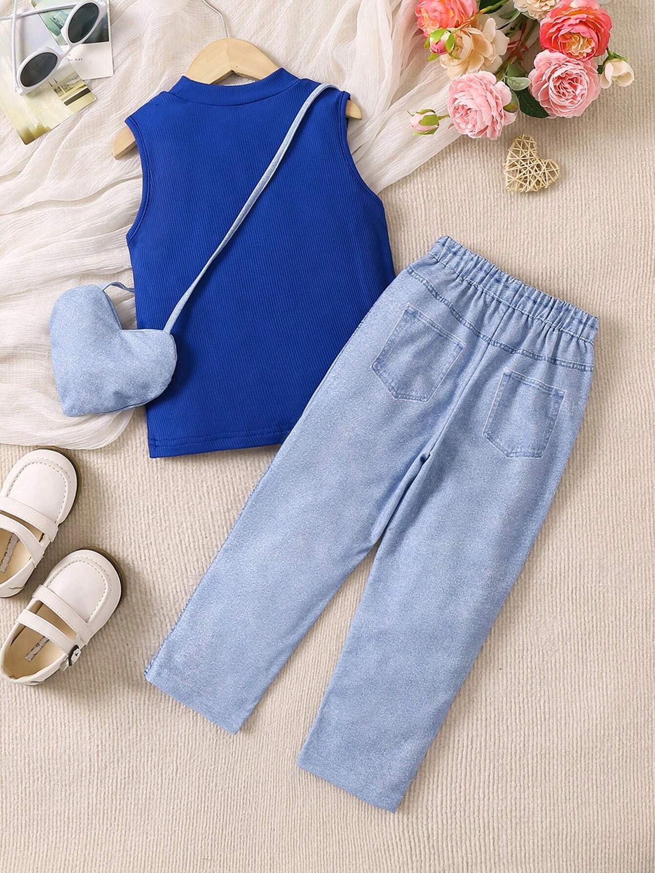 Young Girls' Sweet & Casual Fashionable Denim Style Printed Two Piece Outfit