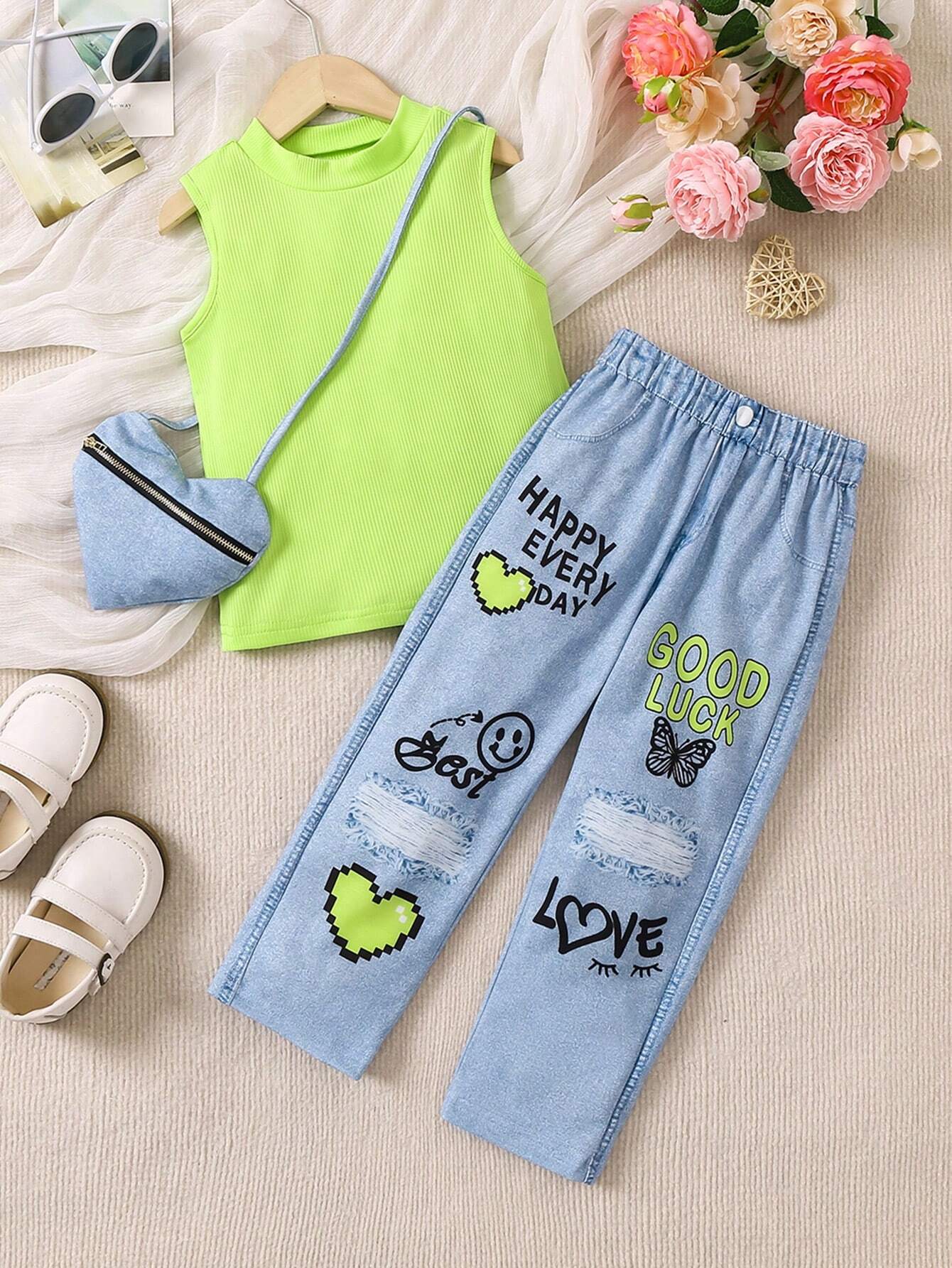 Young Girls' Sweet & Casual Fashionable Denim Style Printed Two Piece Outfit Green