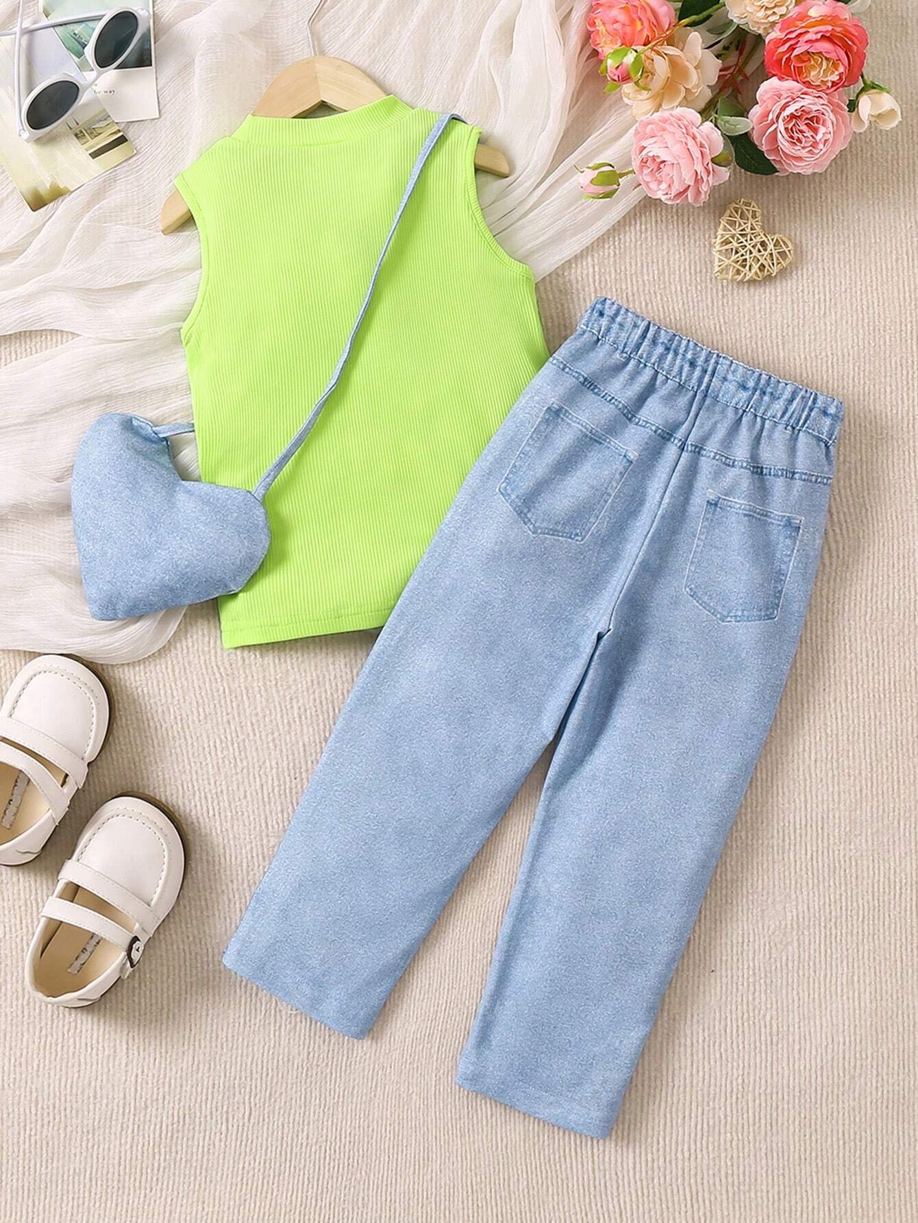 Young Girls' Sweet & Casual Fashionable Denim Style Printed Two Piece Outfit