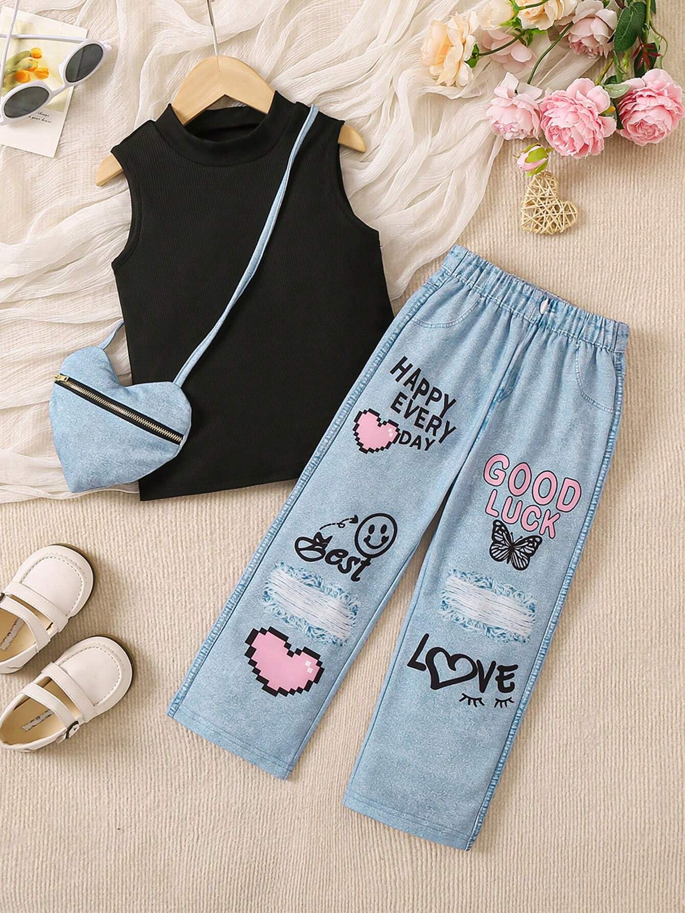 Young Girls' Sweet & Casual Fashionable Denim Style Printed Two Piece Outfit Multicolor 2
