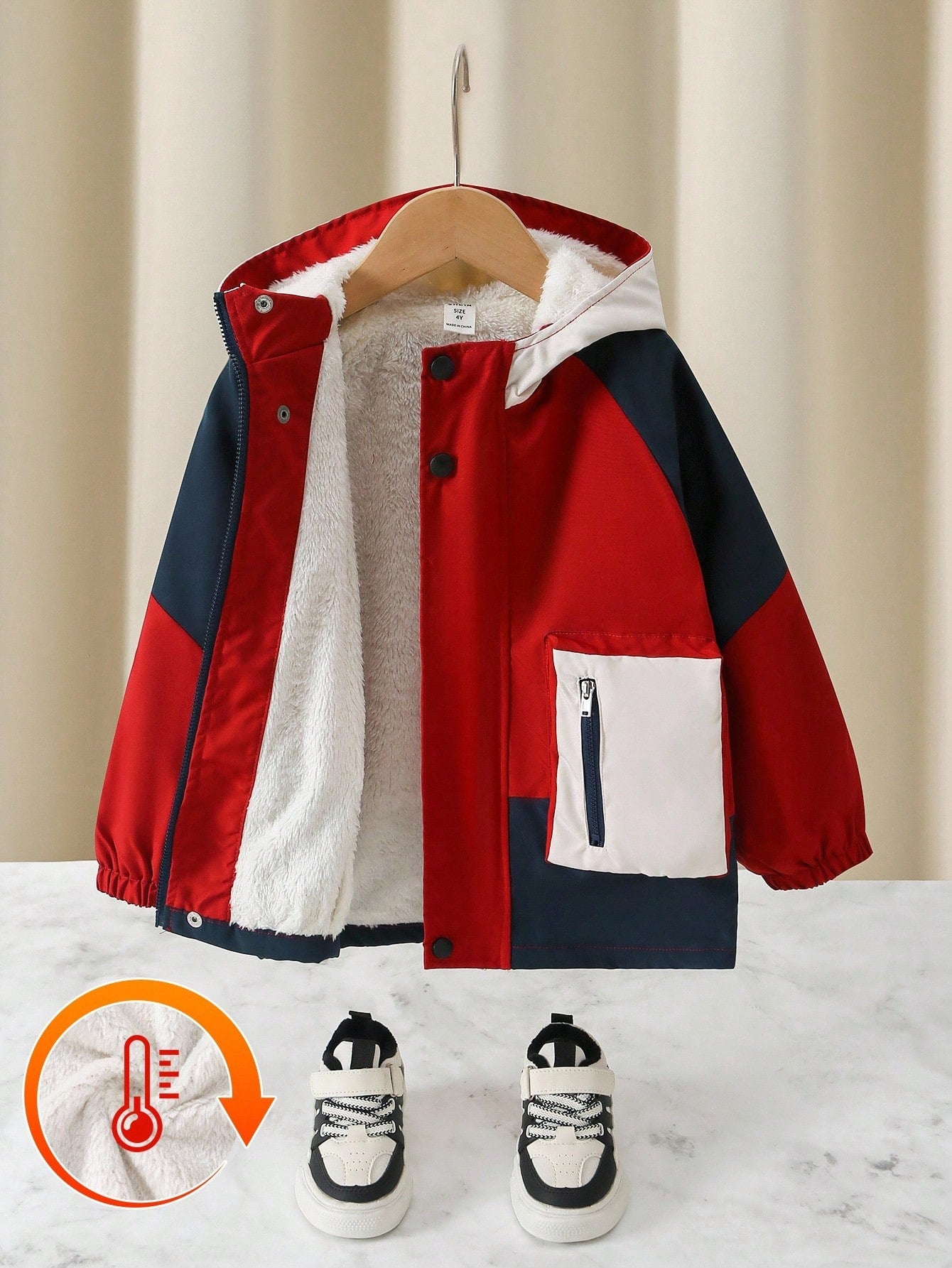 Young Boy Contrast Color Zipper Collar Fleece Lined Hooded Winter Jacket Multicolor