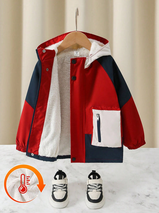 Young Boy Contrast Color Zipper Collar Fleece Lined Hooded Winter Jacket Multicolor
