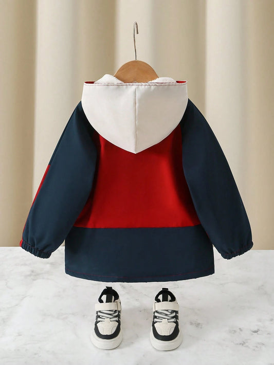 Young Boy Contrast Color Zipper Collar Fleece Lined Hooded Winter Jacket
