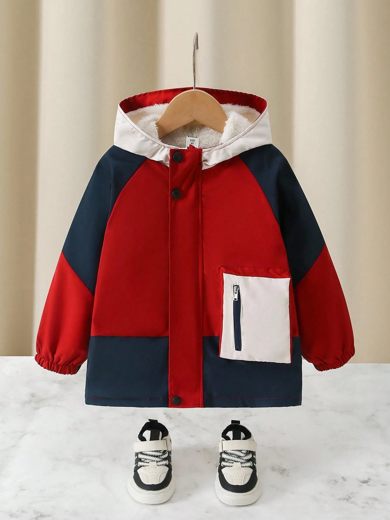 Young Boy Contrast Color Zipper Collar Fleece Lined Hooded Winter Jacket