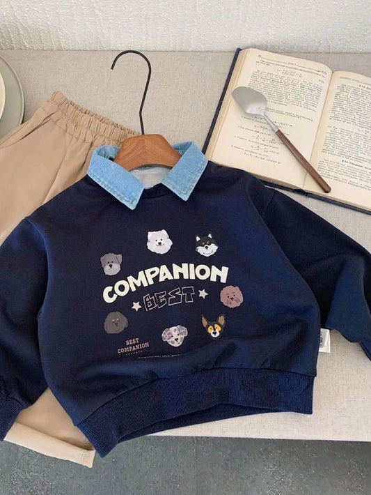 Young Boy Denim Collar Cartoon Dog Print Pullover Hoodie Navy Blue
