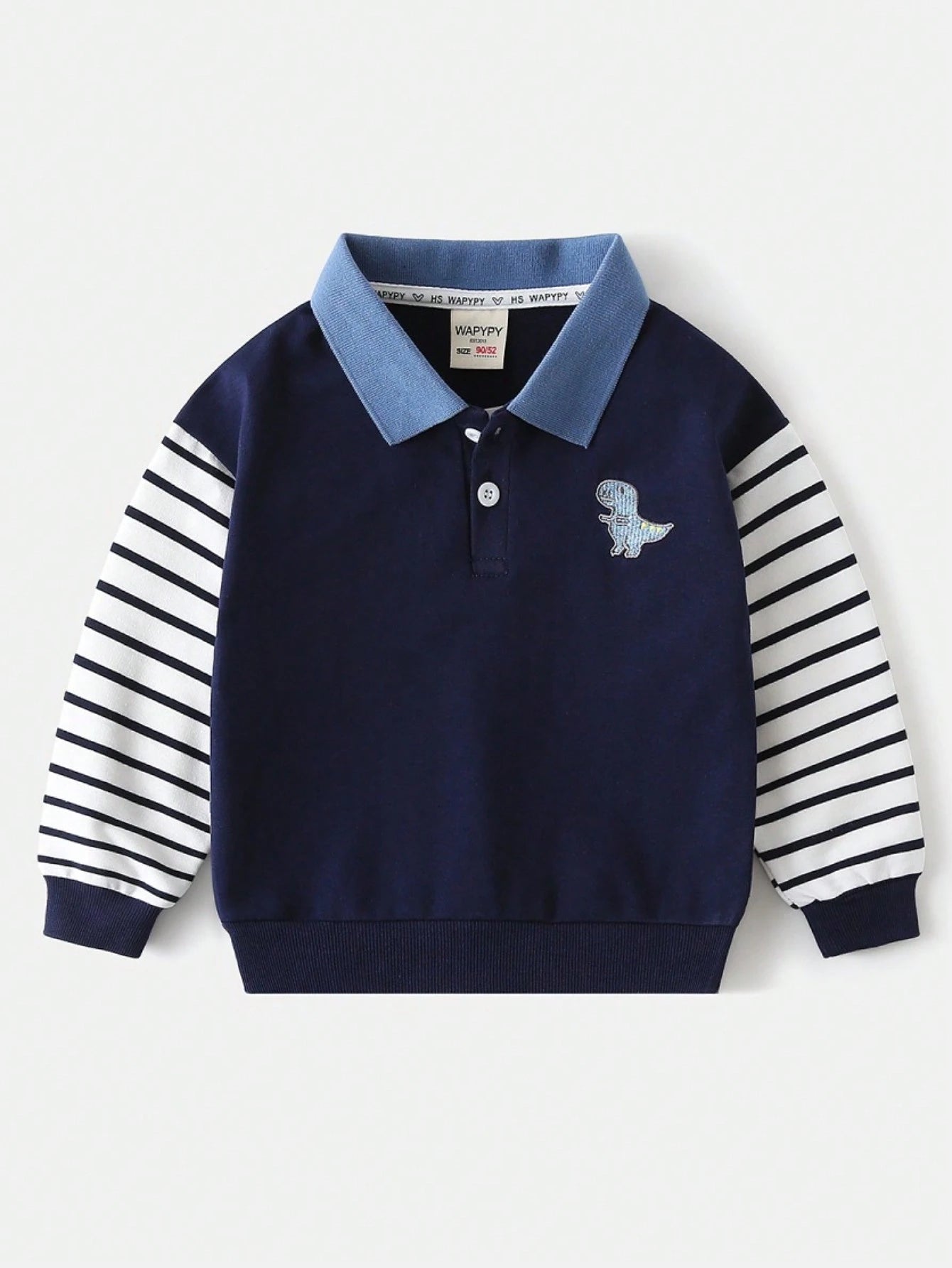 Young Boy Dinosaur Decor Patchwork Sleeve Turndown Collar Sweatshirt Navy Blue