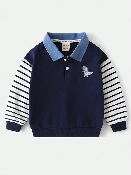 Young Boy Dinosaur Print Long Sleeve Patchwork Collar Sweatshirt Navy Blue