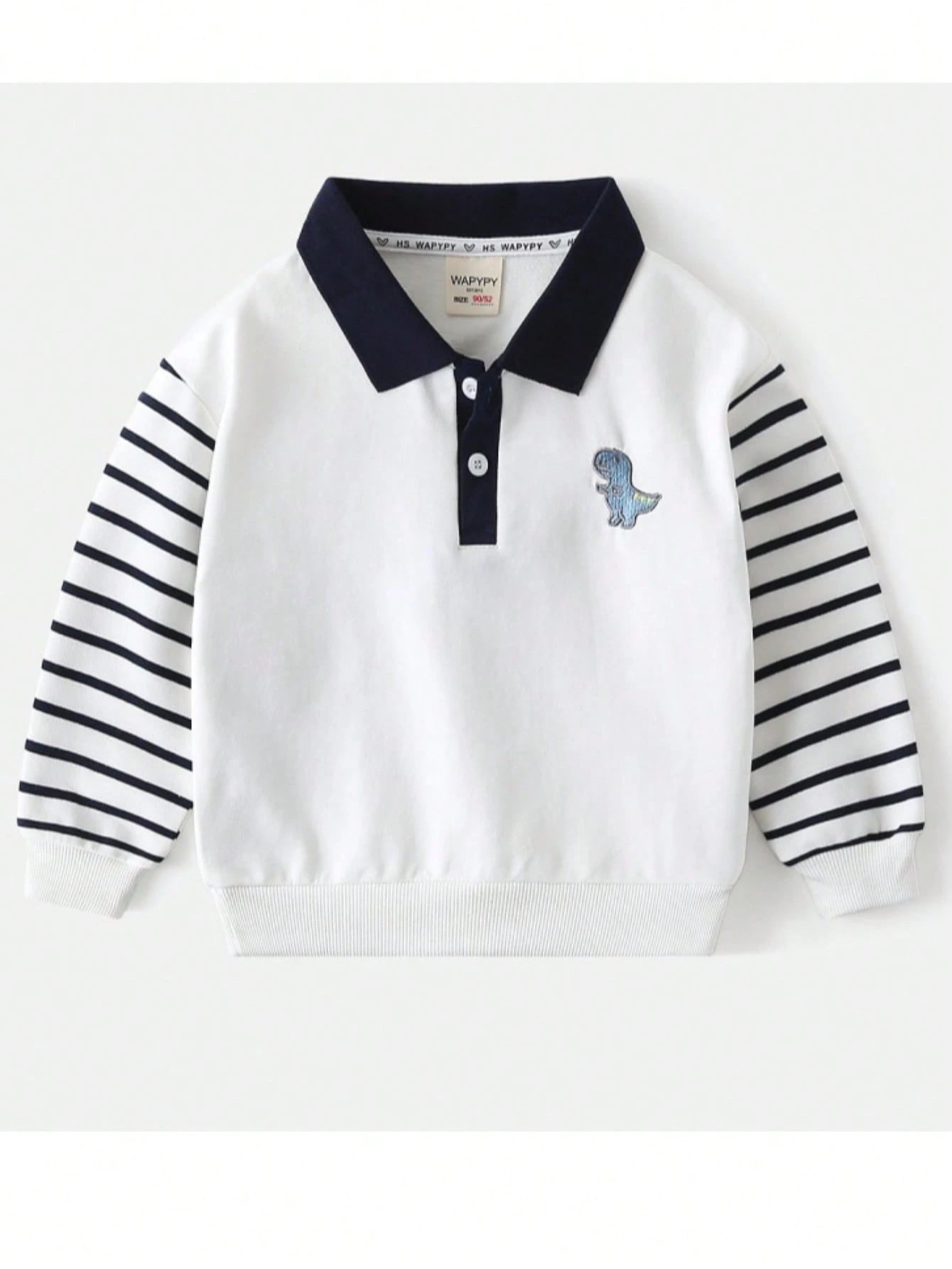 Young Boy Dinosaur Decor Patchwork Sleeve Turndown Collar Sweatshirt White