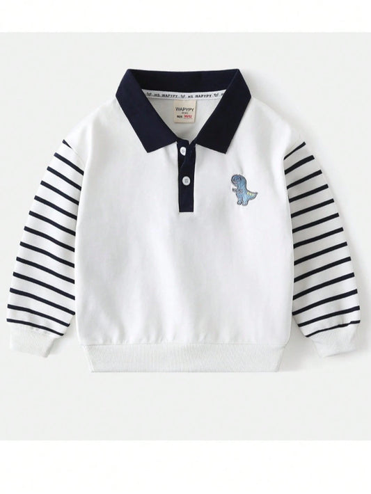 Young Boy Dinosaur Print Long Sleeve Patchwork Collar Sweatshirt White