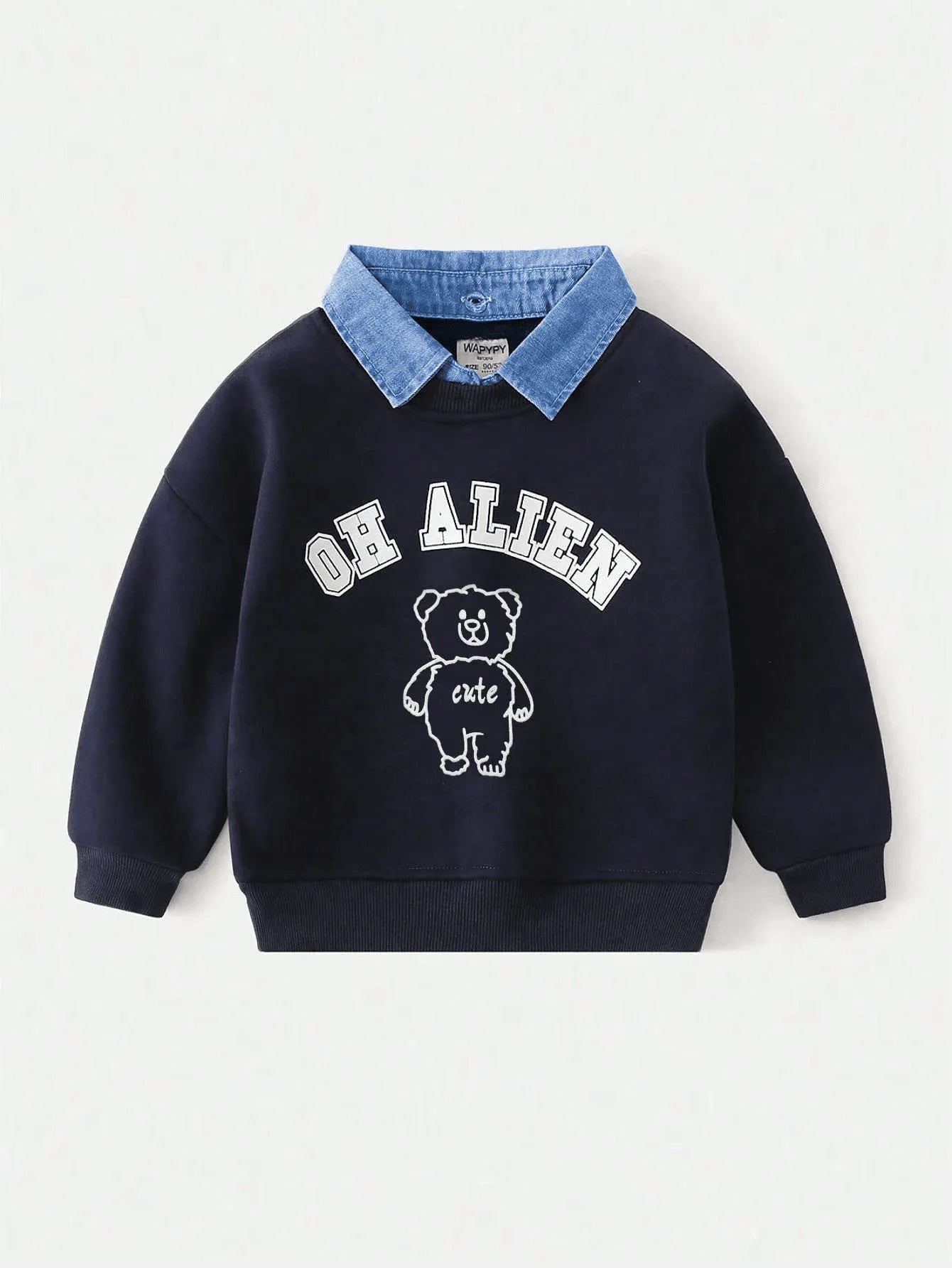 Young Boy Mock 2 Pieces Collar Splicing Sweatshirt Navy Blue