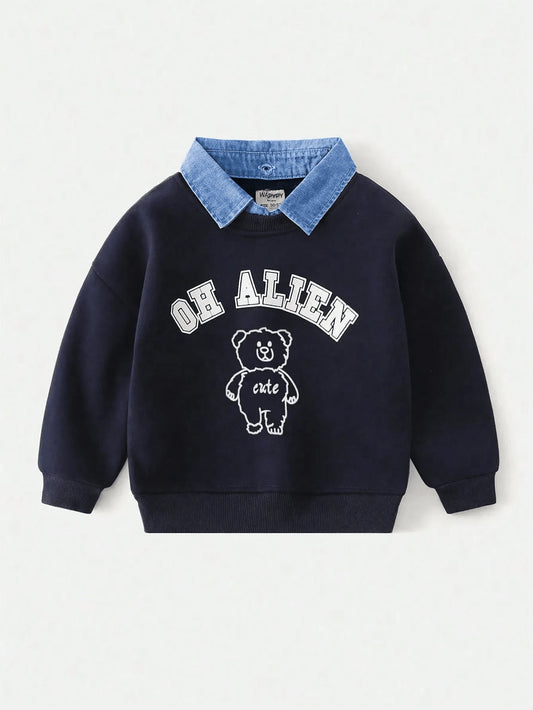 Young Boy Mock 2 Pieces Collar Splicing Sweatshirt Navy Blue