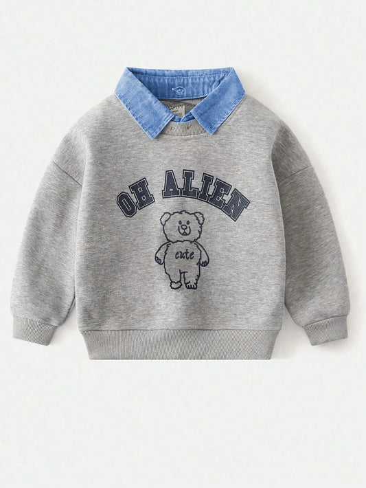 Young Boy Mock 2 Pieces Collar Splicing Sweatshirt Grey