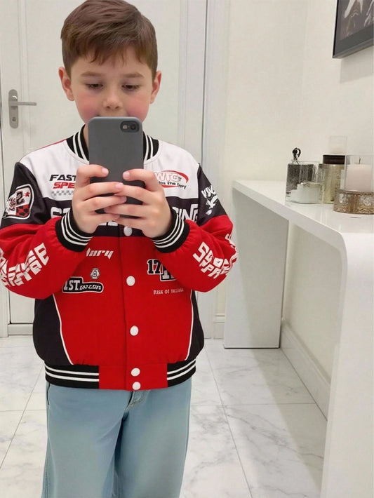 Young Boys' Contrast Color Red And Black Casual Sports Street Style Zip-Up Jacket Multicolor