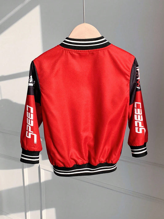 Young Boys' Contrast Color Red And Black Casual Sports Street Style Zip-Up Jacket