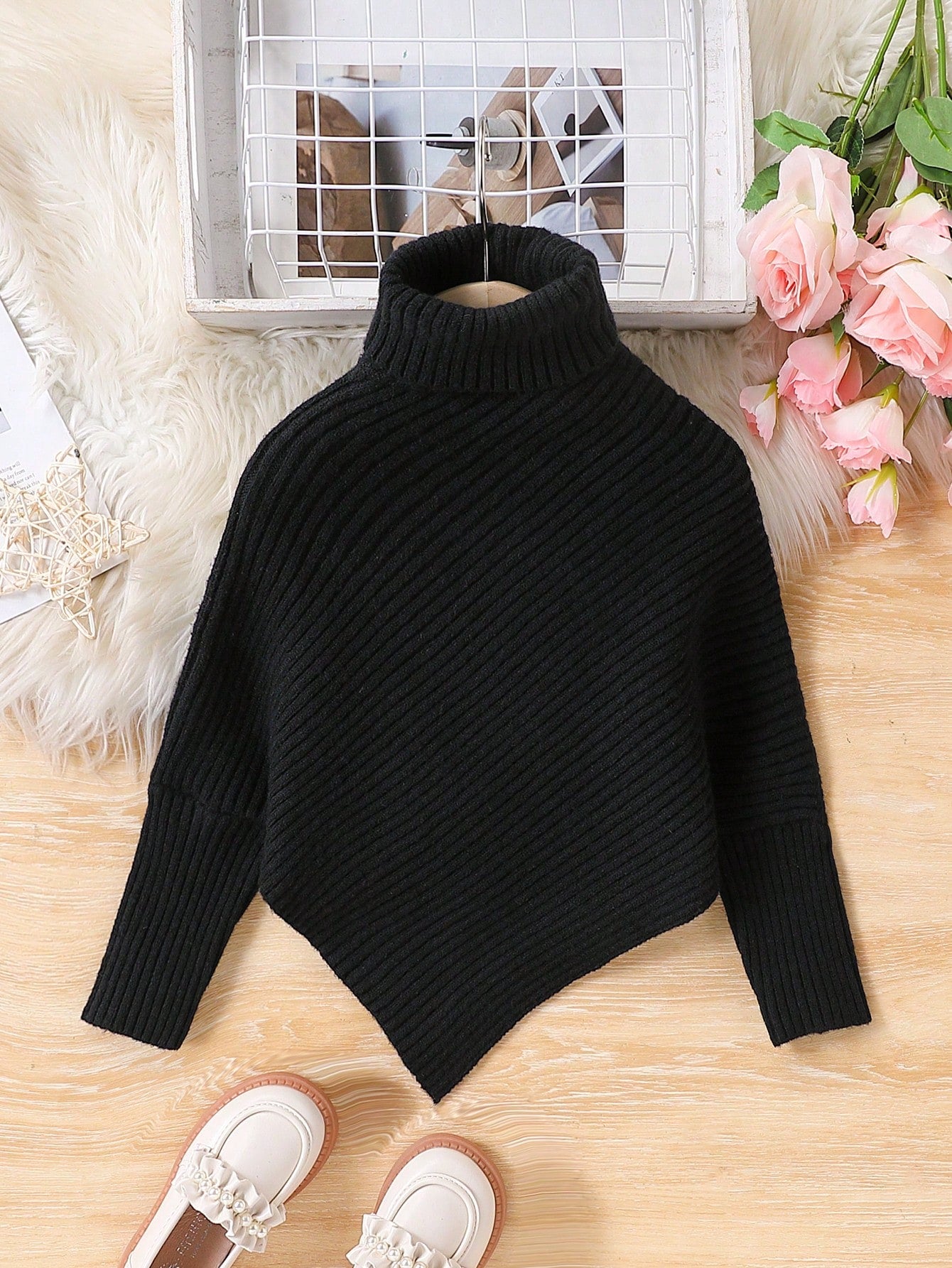 Girls' Warm Apricot High Neck Long Sleeve Knitted Sweater
