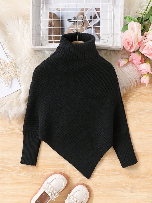 Girls' Warm Apricot High Neck Long Sleeve Knitted Sweater Black