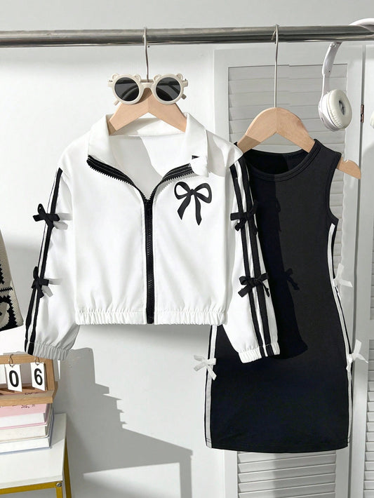 Young Girl Bow Decor Long Sleeve Jacket And Pinafore Dress