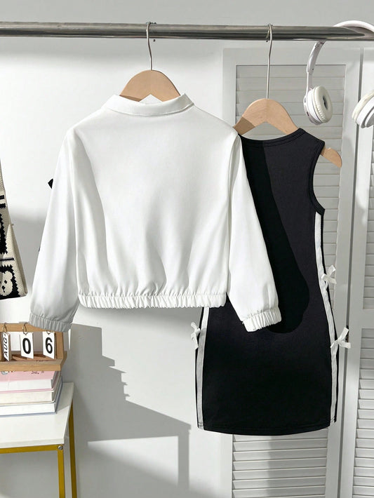 Young Girl Bow Decor Long Sleeve Jacket And Pinafore Dress