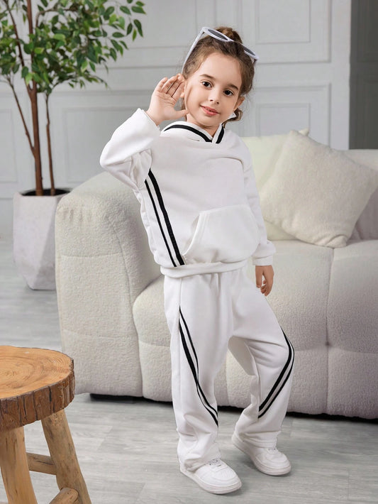 Young Girl Casual Sports Contrast Striped Tape Side Pocket Hoodie And Sweatpants White