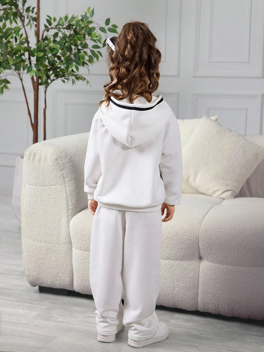 Young Girl Casual Sports Contrast Striped Tape Side Pocket Hoodie And Sweatpants