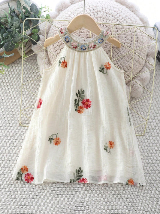 Floral Embroidery Lace Trim Sleeveless Halter Beach Sundress