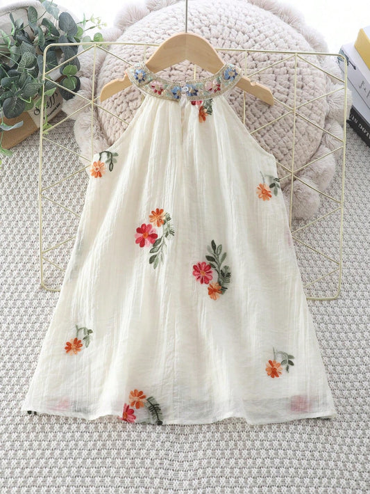 Floral Embroidery Lace Trim Sleeveless Halter Beach Sundress