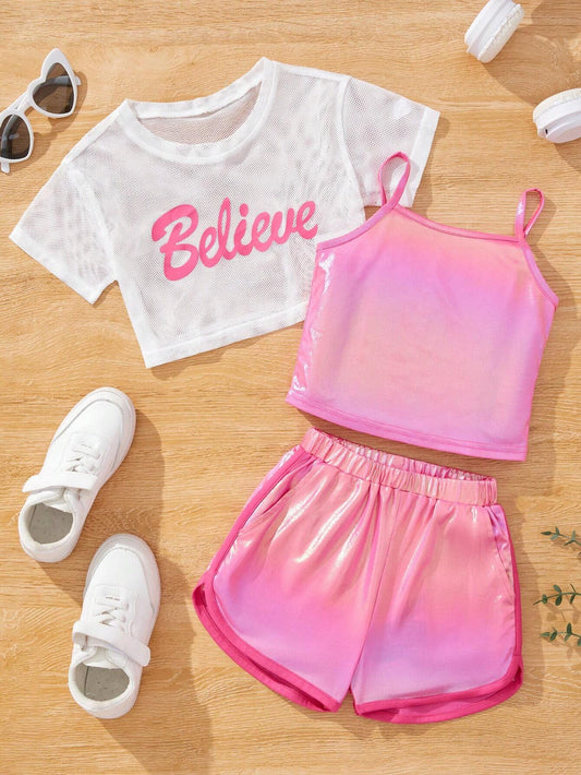 Young Girl Cool And Sweet Knit Mesh Round Neck Short Sleeve Top With Cami Shorts 5Y