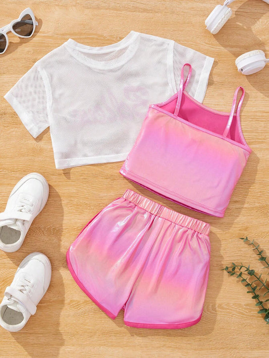 Young Girl Cool And Sweet Knit Mesh Round Neck Short Sleeve Top With Cami Shorts