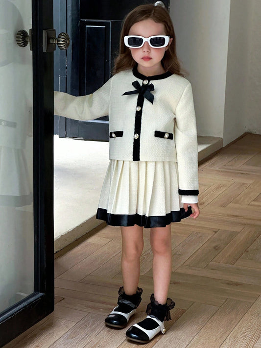 Young Girl Elegant Lady Fashion Round Neck Long Sleeve Colorblock Short Jacket And High Waist Pleated Skirt Beige