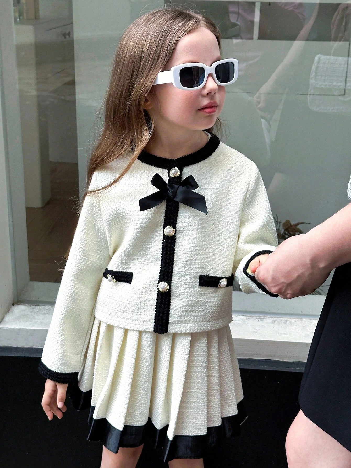 Young Girl Elegant Lady Fashion Round Neck Long Sleeve Colorblock Short Jacket And High Waist Pleated Skirt