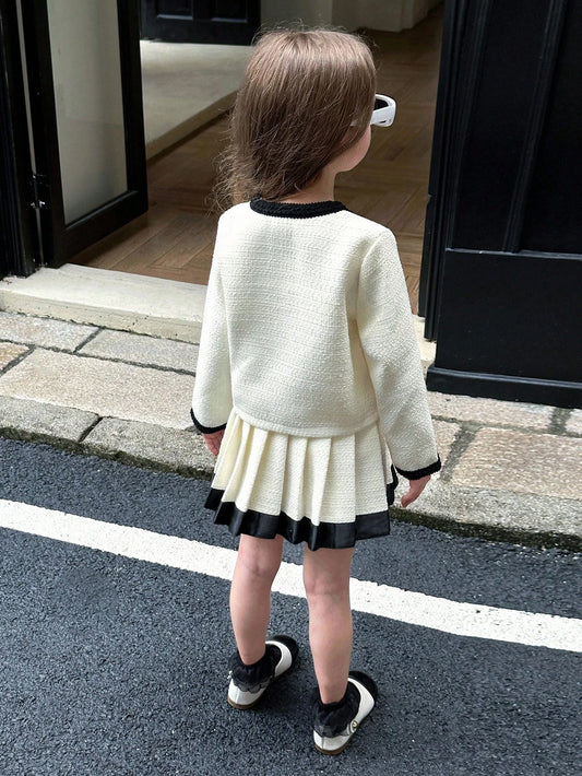Young Girl Elegant Lady Fashion Round Neck Long Sleeve Colorblock Short Jacket And High Waist Pleated Skirt