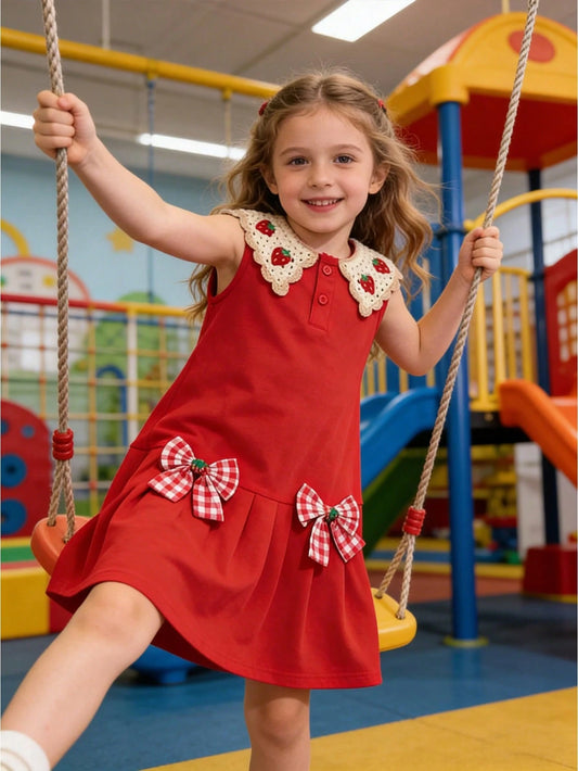 Mummy & Mee, Young Girl' Fashion Casual Cute Strawberry Knit Collar + Patch Bow Strawberry Decor Sleeveless Dress