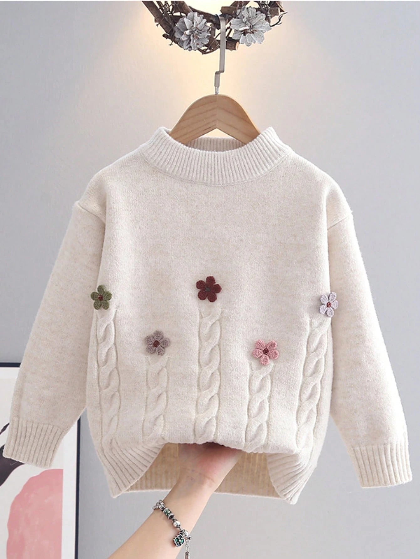 Young Girl' Floral Knitted Sweater, Thick & Warm Round Neck Pullover Top