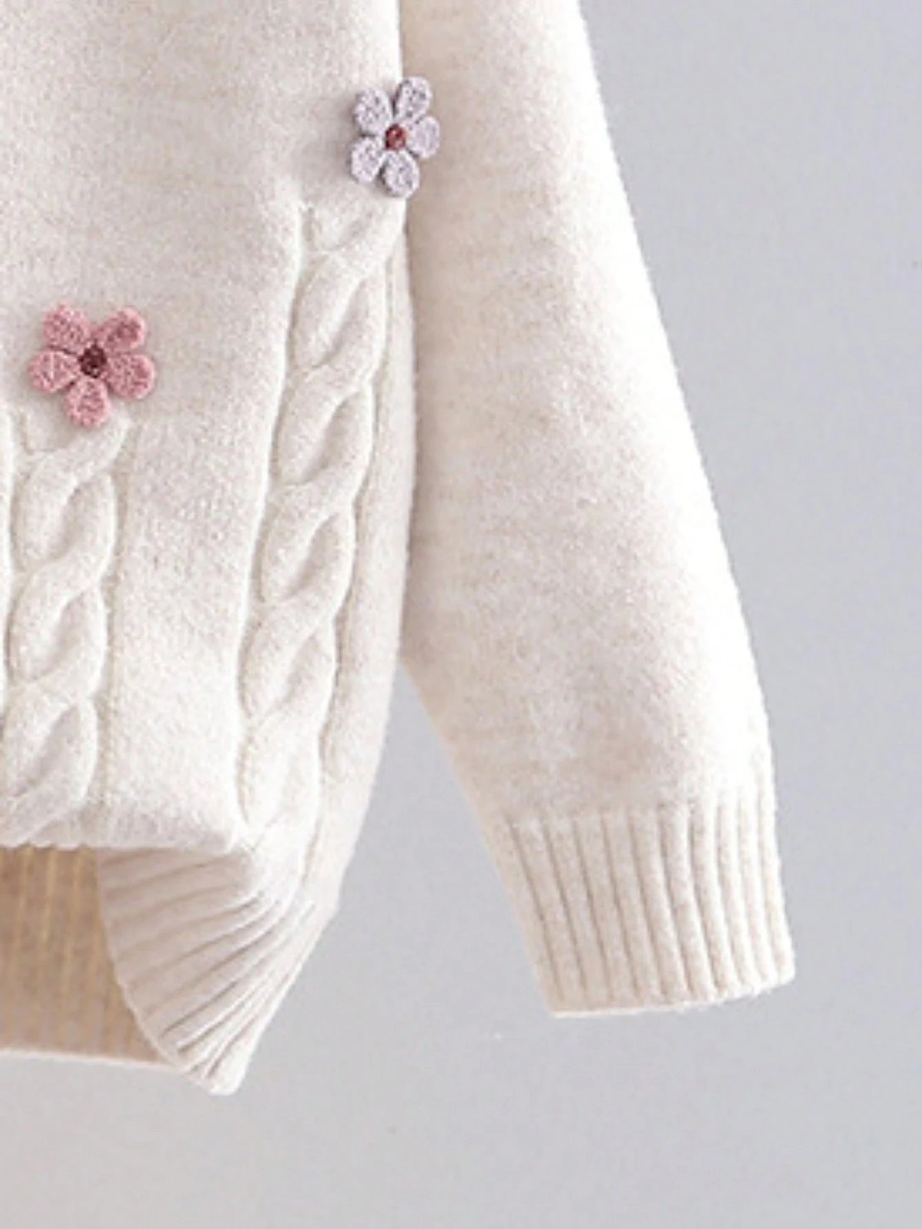 Young Girl' Floral Knitted Sweater, Thick & Warm Round Neck Pullover Top