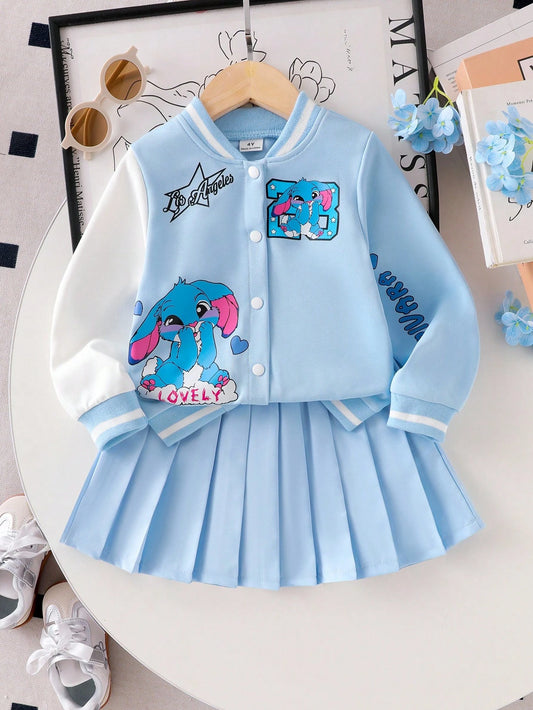 Young Girl Letter & Cartoon Print Long Sleeve Baseball Collar Jacket And Pleated Mini Skirt Blue