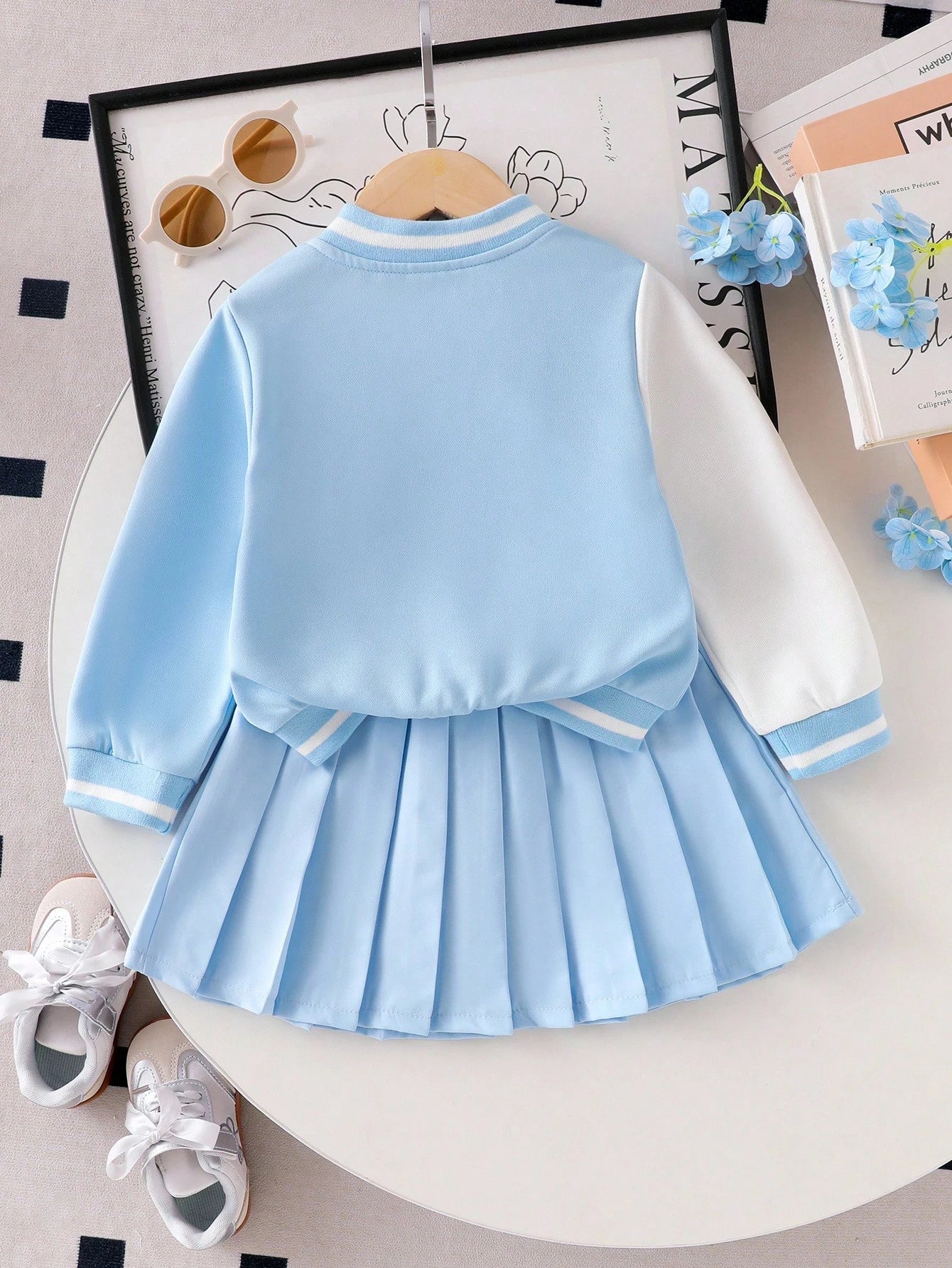 Young Girl Letter & Cartoon Print Long Sleeve Baseball Collar Jacket And Pleated Mini Skirt