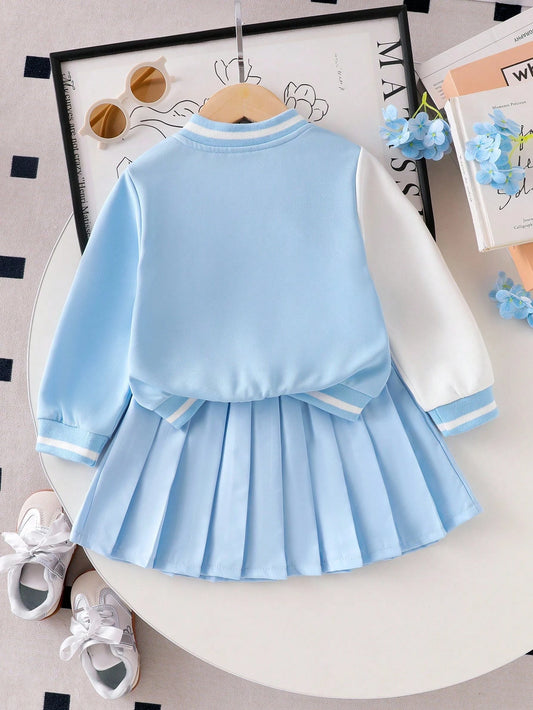 Young Girl Letter & Cartoon Print Long Sleeve Baseball Collar Jacket And Pleated Mini Skirt