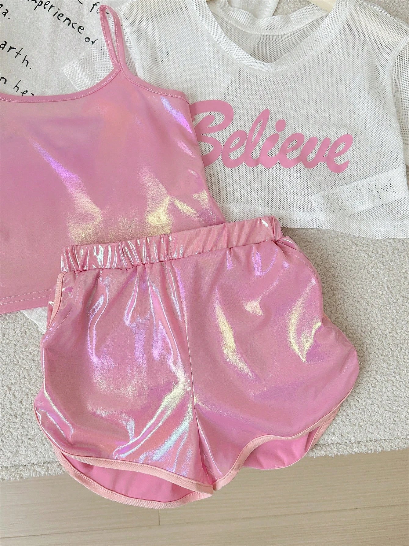 Sweet Knitted Mesh Short Sleeve Top+Suspenders Shorts Set