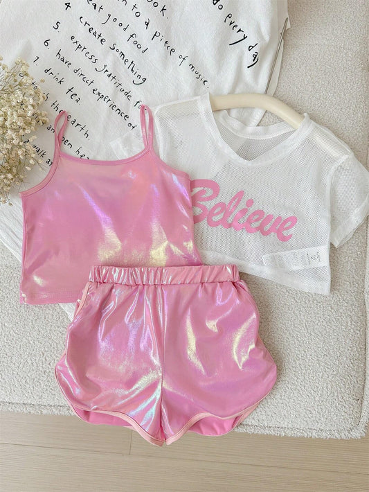 Young Girl Sporty Sweet Knitted Mesh Short Sleeve Top + Suspenders Shorts Set