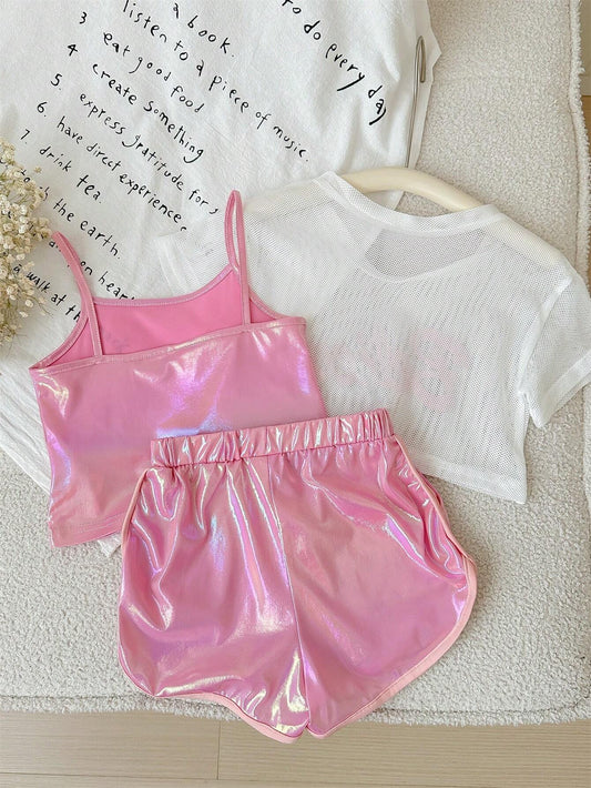 Young Girl Sporty Sweet Knitted Mesh Short Sleeve Top + Suspenders Shorts Set
